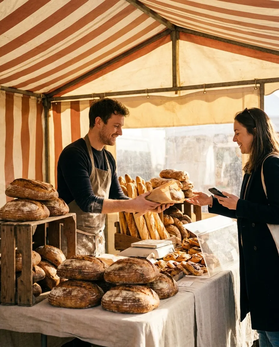 Hands passing a wrapped loaf across a market stall, the customer's phone ready to pay