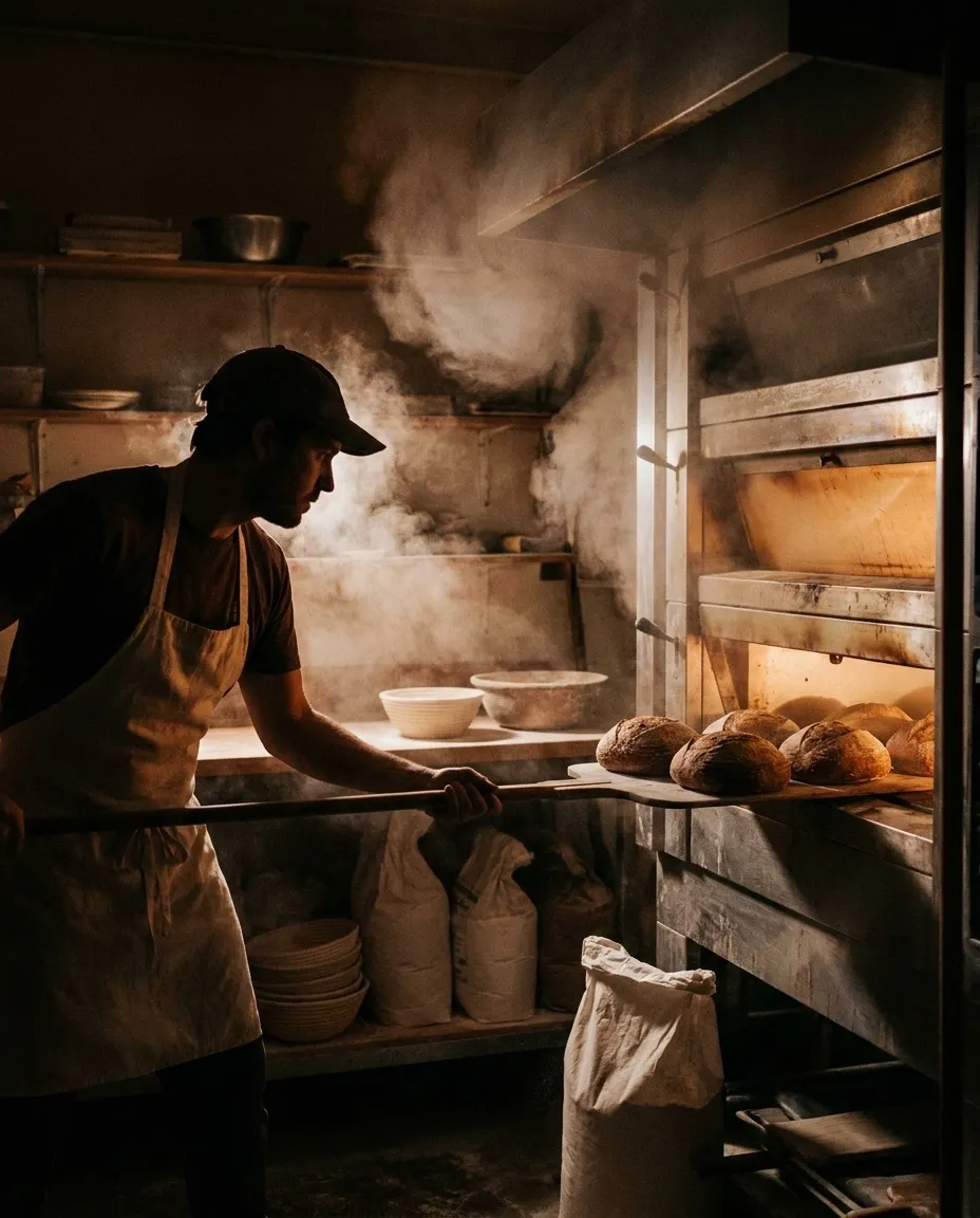 A baker sliding sourdough loaves into a glowing deck oven before dawn