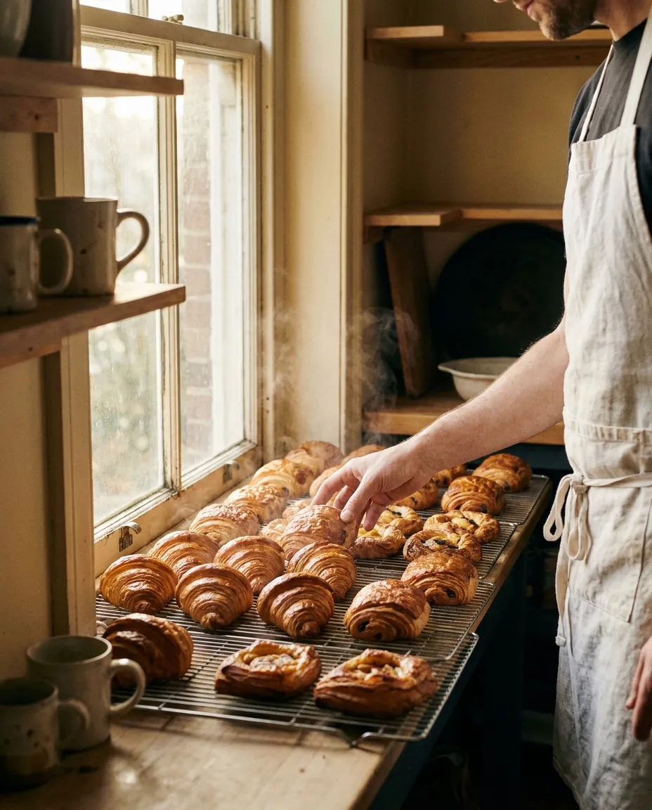 Croissants cooling on a wire rack in cold window light, a baker's hand reaching across