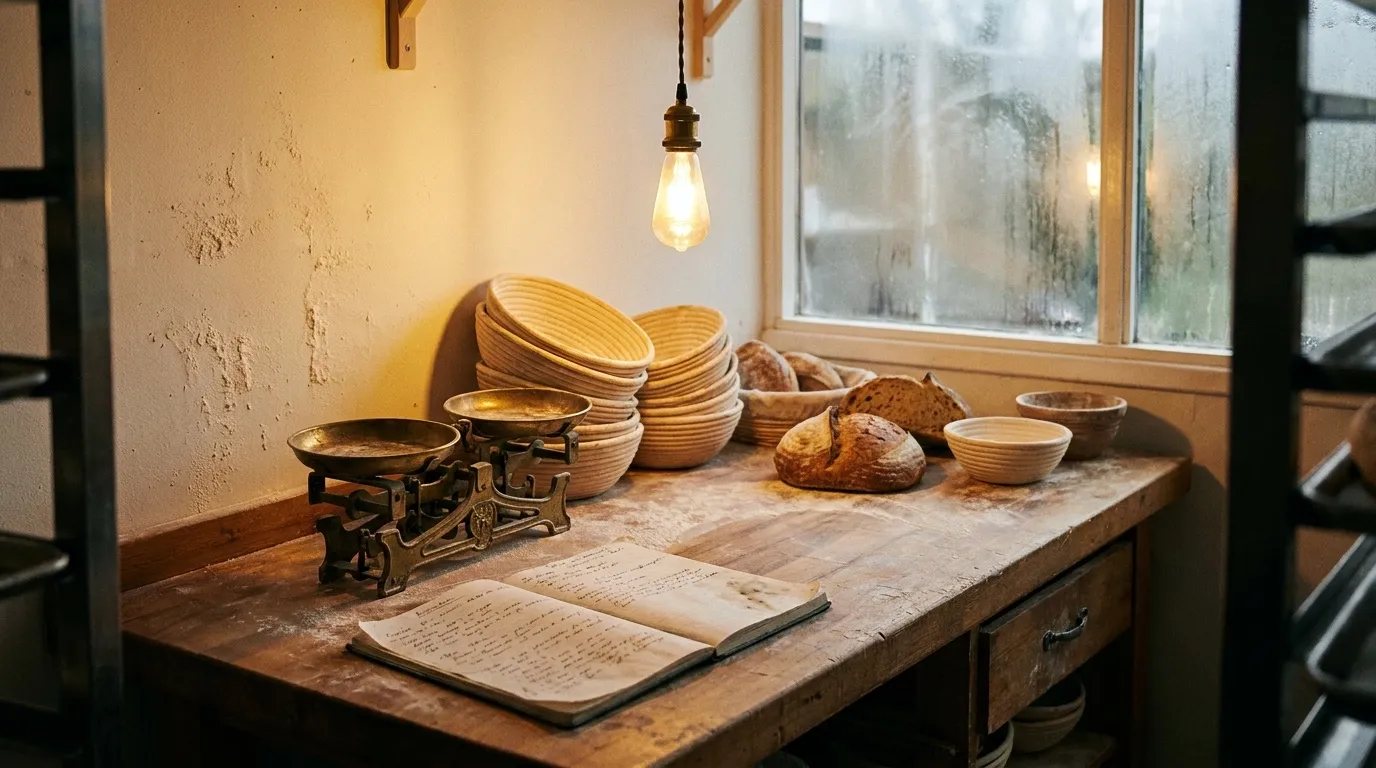 A worn bakery workbench at dawn: recipe notebook open, brass scale, proofing baskets